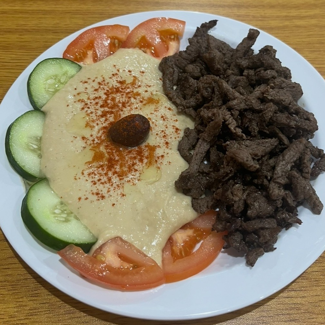 Hummus with Beef Shawarma.